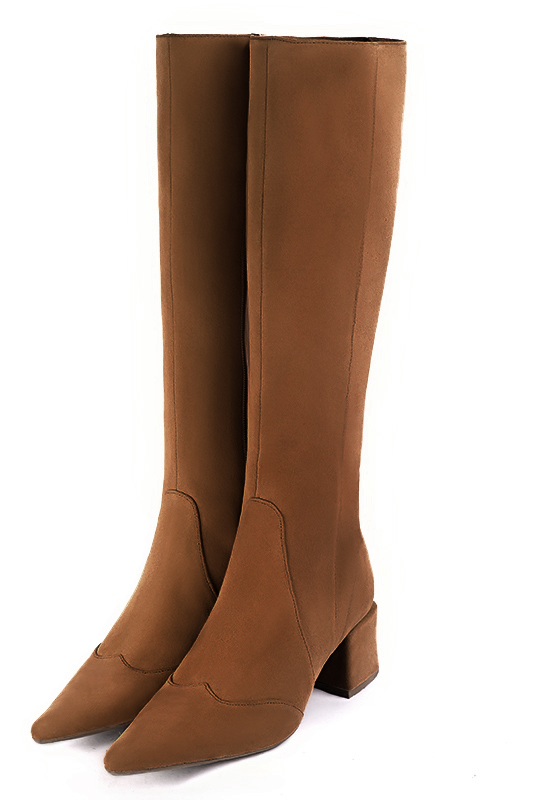 Caramel brown women's feminine knee-high boots. Pointed toe. Medium block heels. Made to measure. Front view - Florence KOOIJMAN